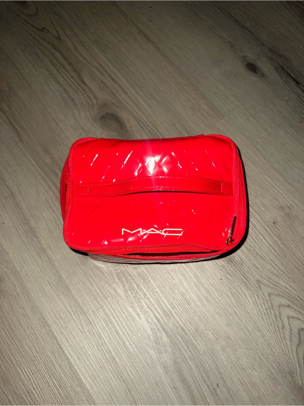 MAC Red Vinyl Cosmetic Makeup Bag Travel Pouch Glossy Zip Case